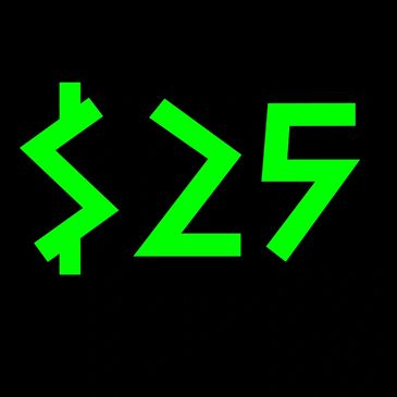 Green dollar sign and numbers '>25' on black background.