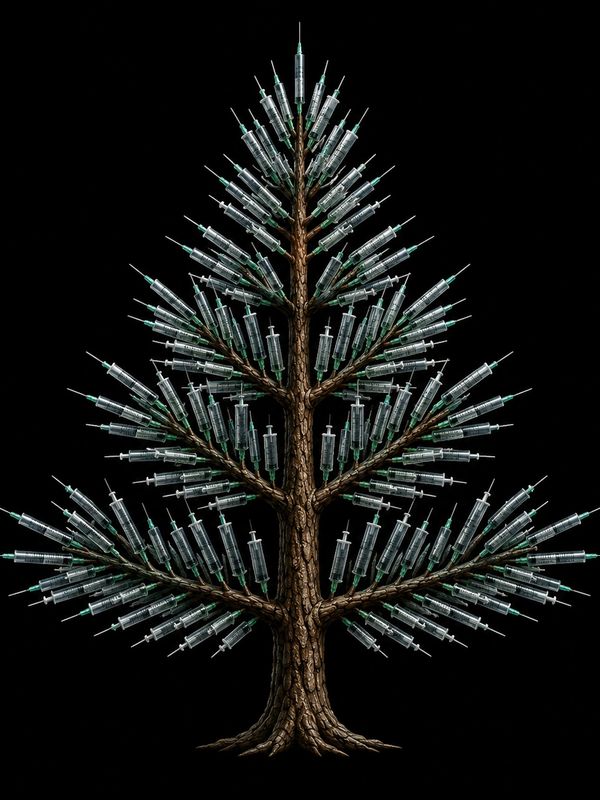 Tree with branches made of syringes against a black background.