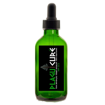 Green dropper bottle labeled Plaguecure with a pine tree logo.