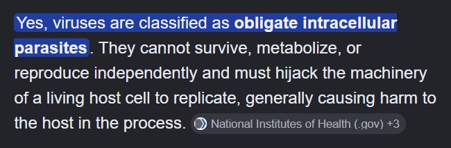 Text explaining viruses as obligate intracellular parasites.