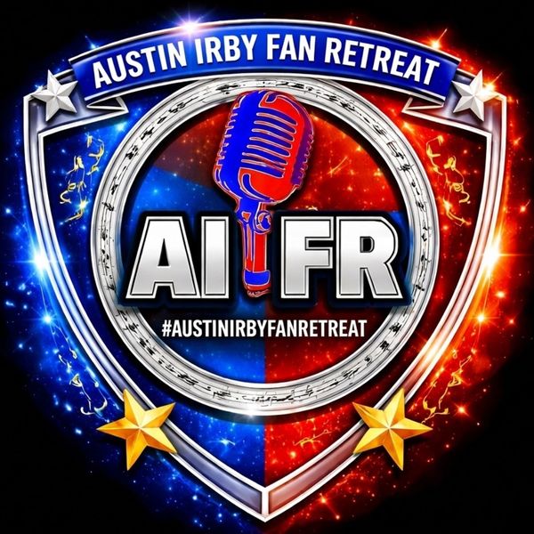 Logo for Austin Irby Fan Retreat with microphone and stars.
