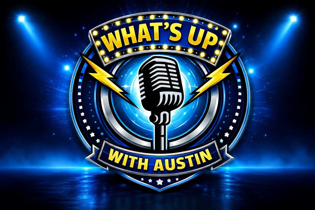 Bright logo for "What's Up with Austin" podcast with microphone and lightning bolts.