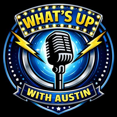 Colorful podcast logo featuring a microphone and lightning bolts with text "What's Up with Austin."