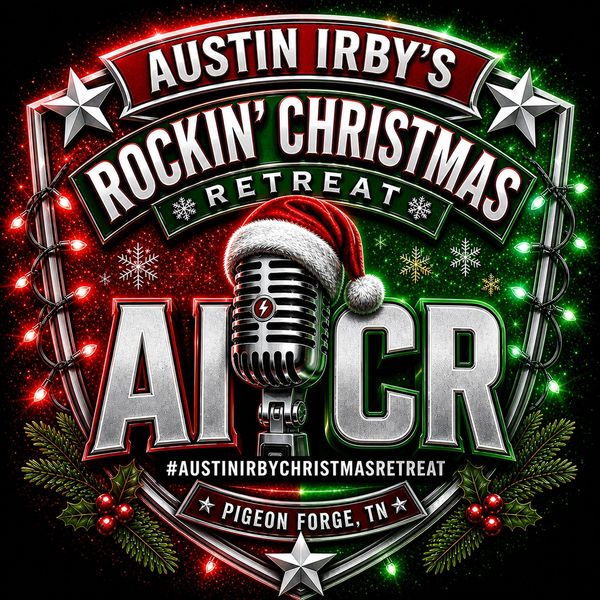 Austin Irby's Rockin' Christmas Retreat logo with festive holiday elements and microphone.