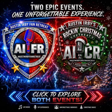 Promotional graphic for Austin Irby's fan retreat and Christmas retreat events.