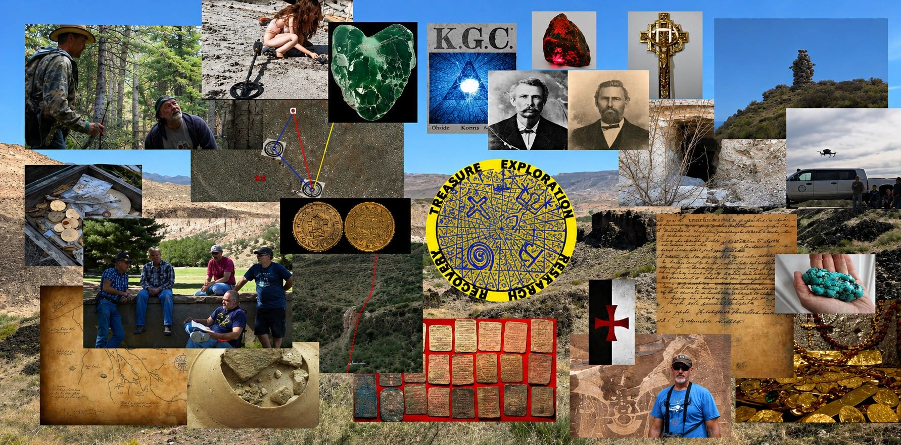 Collage of treasure hunting, exploration, and ancient artifacts in a rugged landscape.