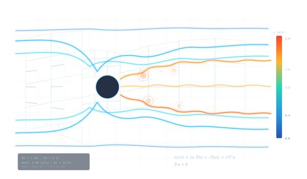 Visualization of fluid flow around a circular object with velocity magnitude shown by color gradient.