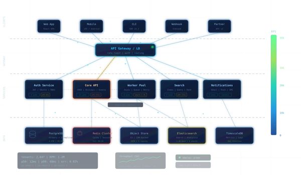 API Gateway architecture with services and data stores.