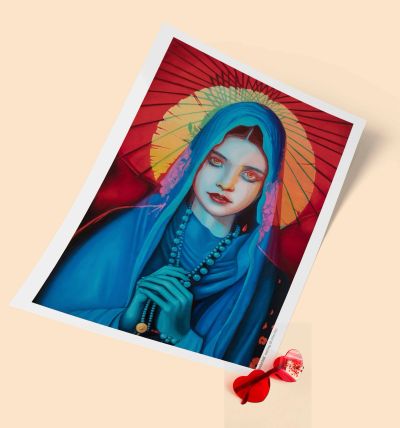 Portrait of a woman in blue with a halo and beads.