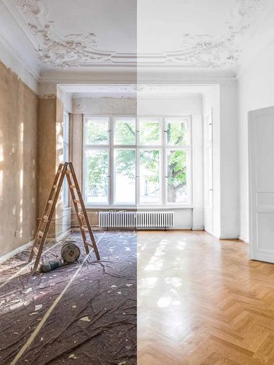 Half-renovated room showing before and after transformation.