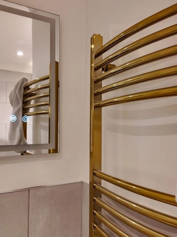 Golden towel rack next to a mirror in a bathroom.