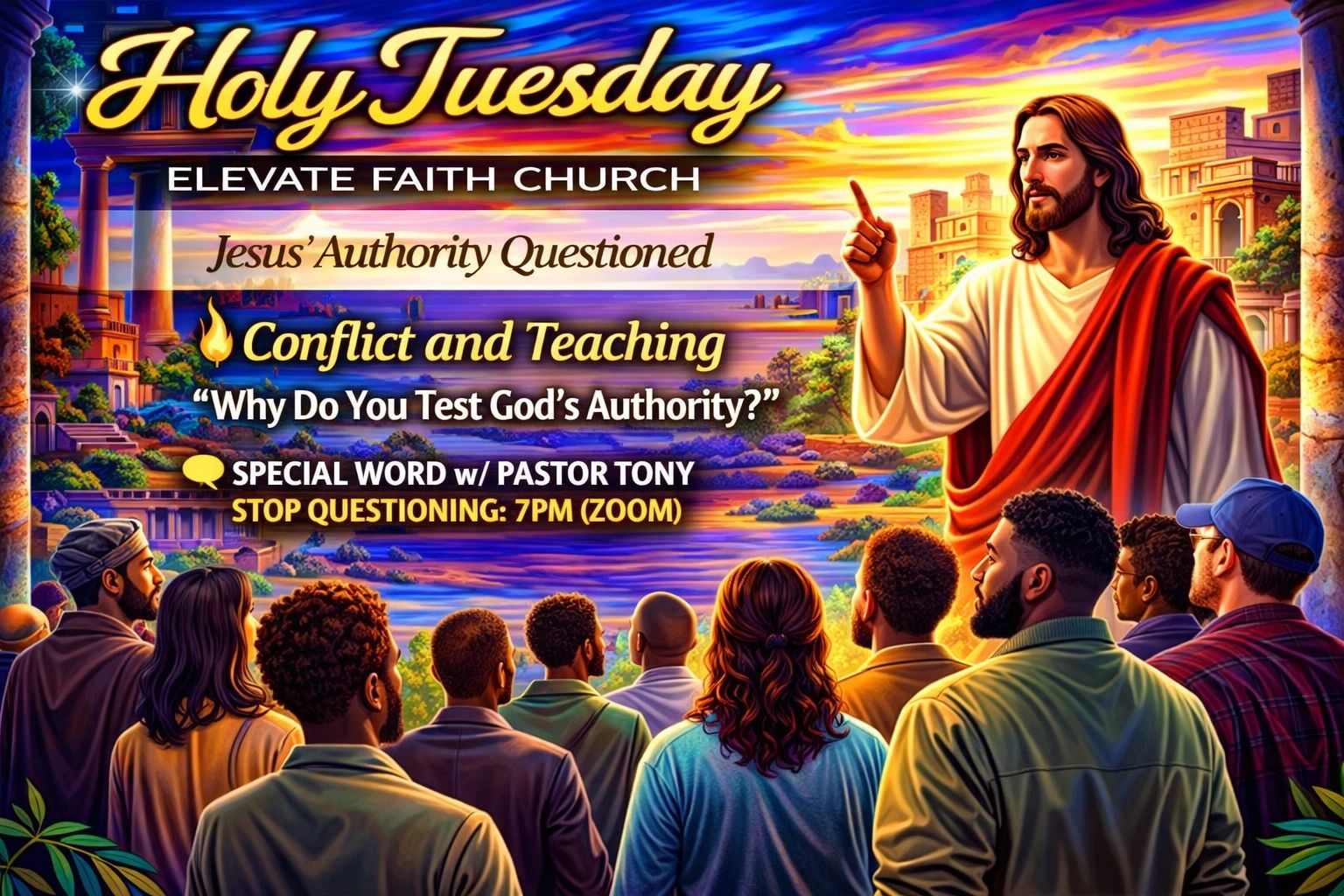 Holy Tuesday event at Elevate Faith Church with Pastor Tony via Zoom at 7PM.