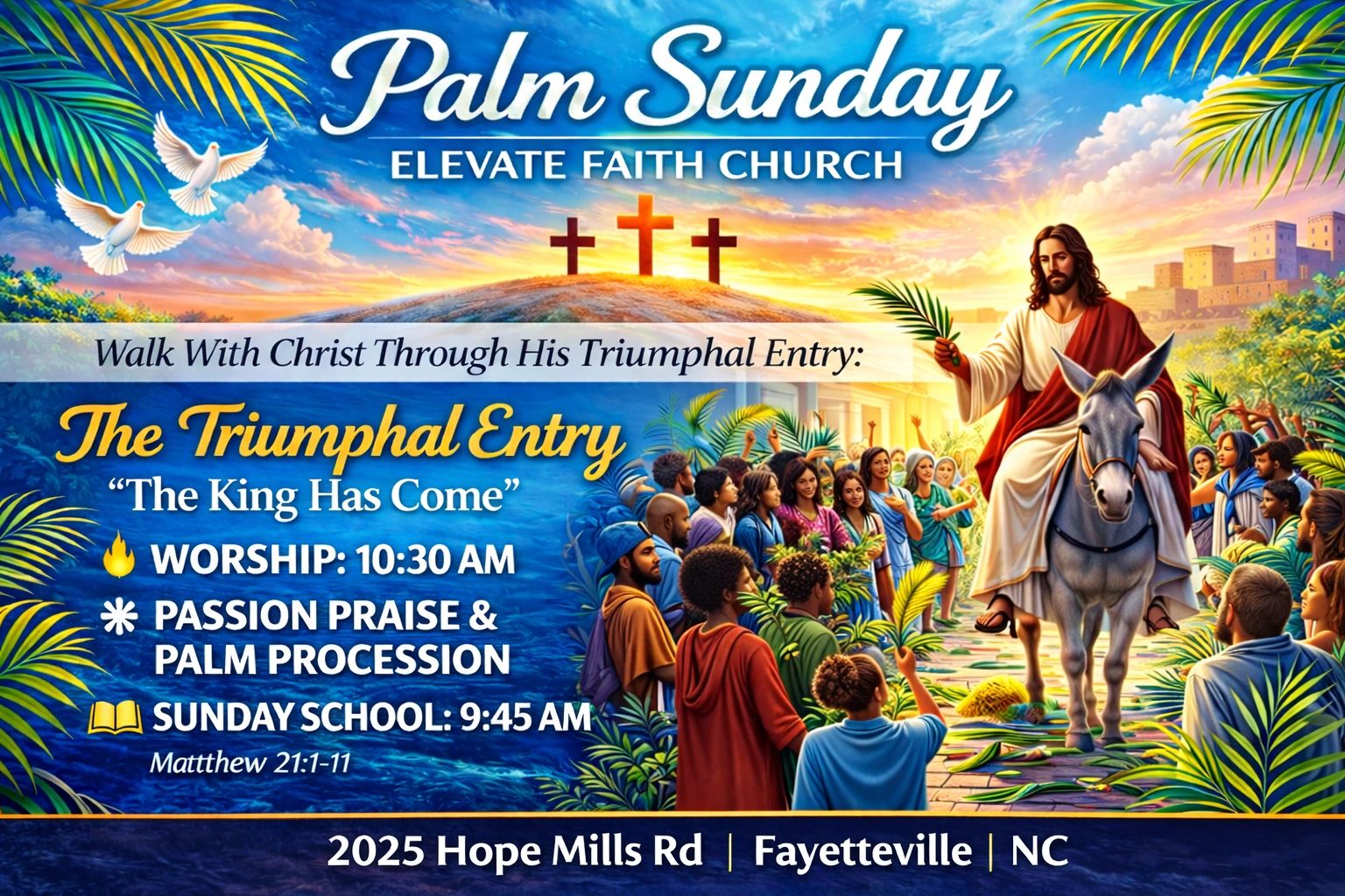 Palm Sunday celebration at Elevate Faith Church with worship, praise, and palm procession.