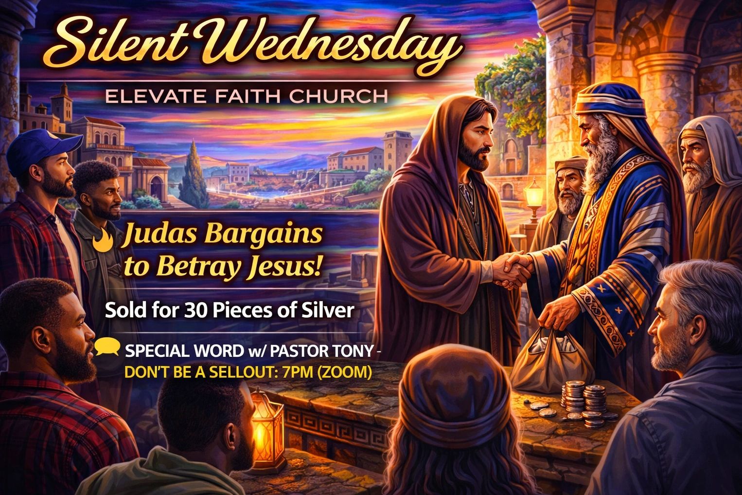 Silent Wednesday at Elevate Faith Church: Judas bargains to betray Jesus for 30 pieces of silver.