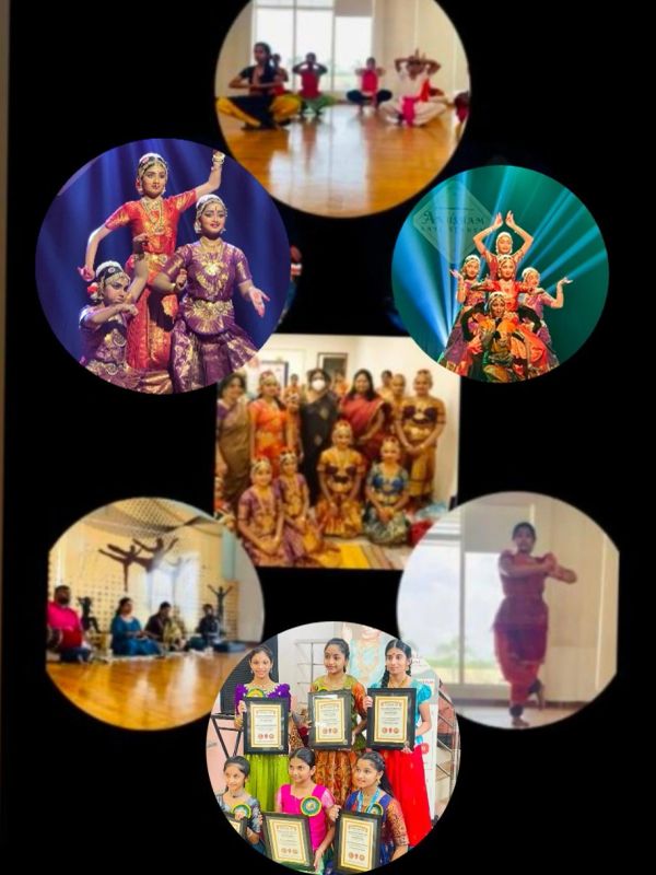 Collage of Indian classical dance performances, practice, group photos, and awards.
