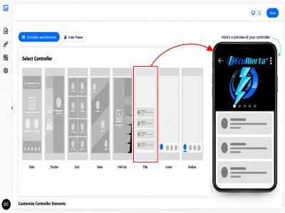 UI showing mobile app controller selection screen with 'Tile' layout highlighted.