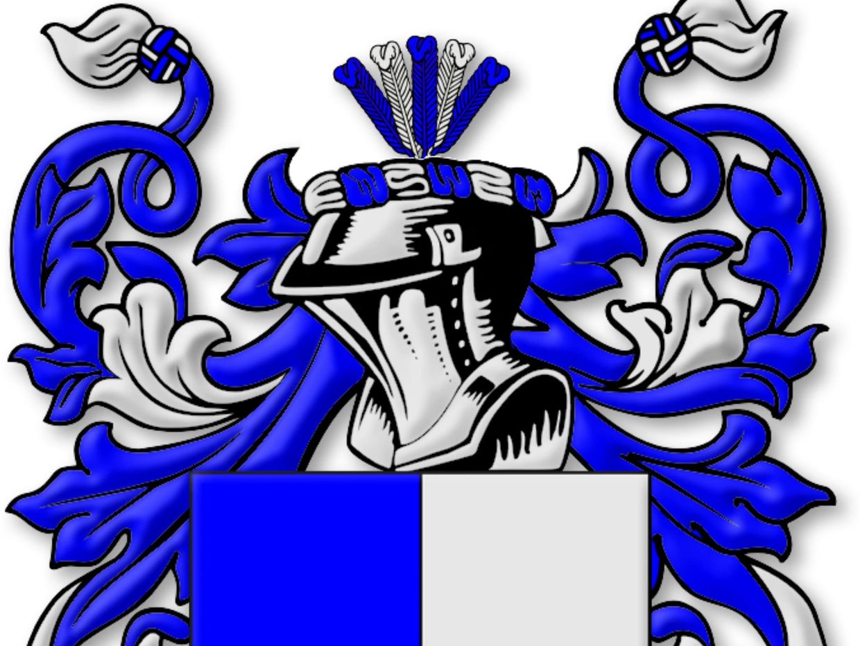 Blue and white heraldic crest with a knight's helmet and ornamental flourishes.
