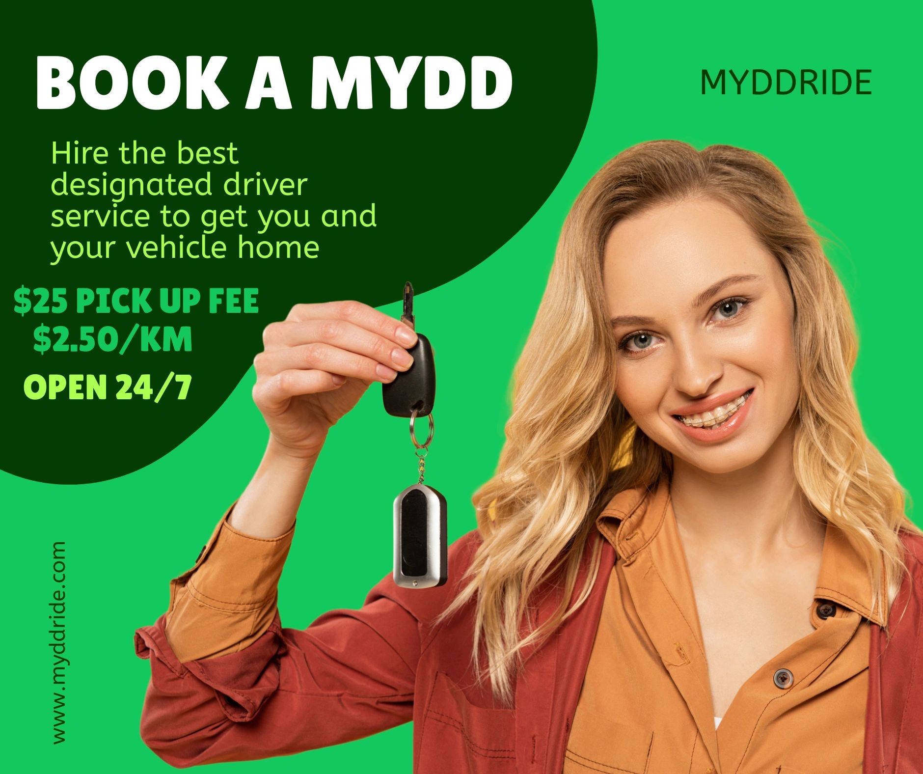 MyDDride connecting designated drivers with impaired drivers for a safe ride home. That's a MyDD!