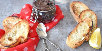 Olive tapenade with toasted French Bread.