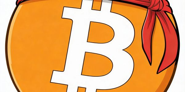 Bitcoin symbol on an orange sack tied with a red ribbon.