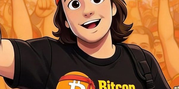 Animated character wearing a Bitcoin-themed t-shirt with a crowd background.