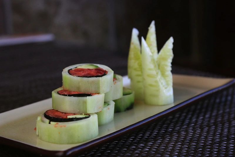 Naruto (NO RICE) Tuna and Spicy Tuna, avocado & tobiko wrapped in