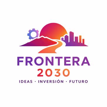 Logo of Frontera 2030 with cityscape and sunset design.