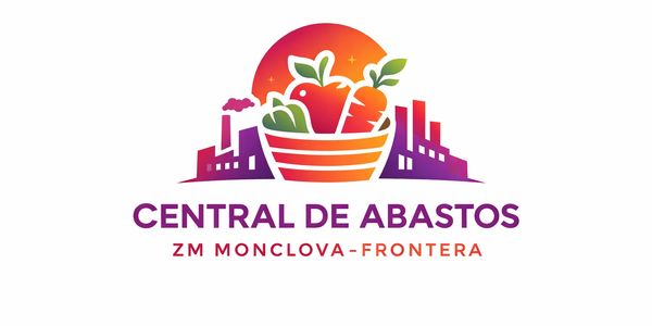 Logo of Central de Abastos with fruits and factory silhouette.
