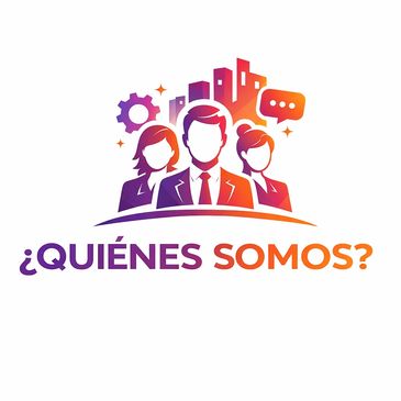 Illustration with three business people and text "¿QUIÉNES SOMOS?" in Spanish.