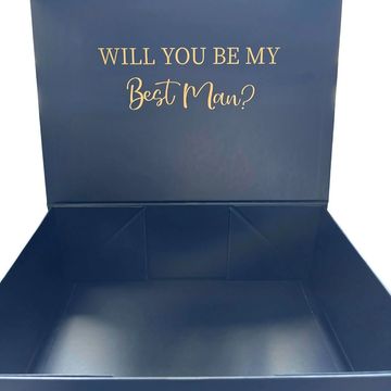 Groomsman proposal box – sleek black magnetic box asking 'Will you be my best man?'.