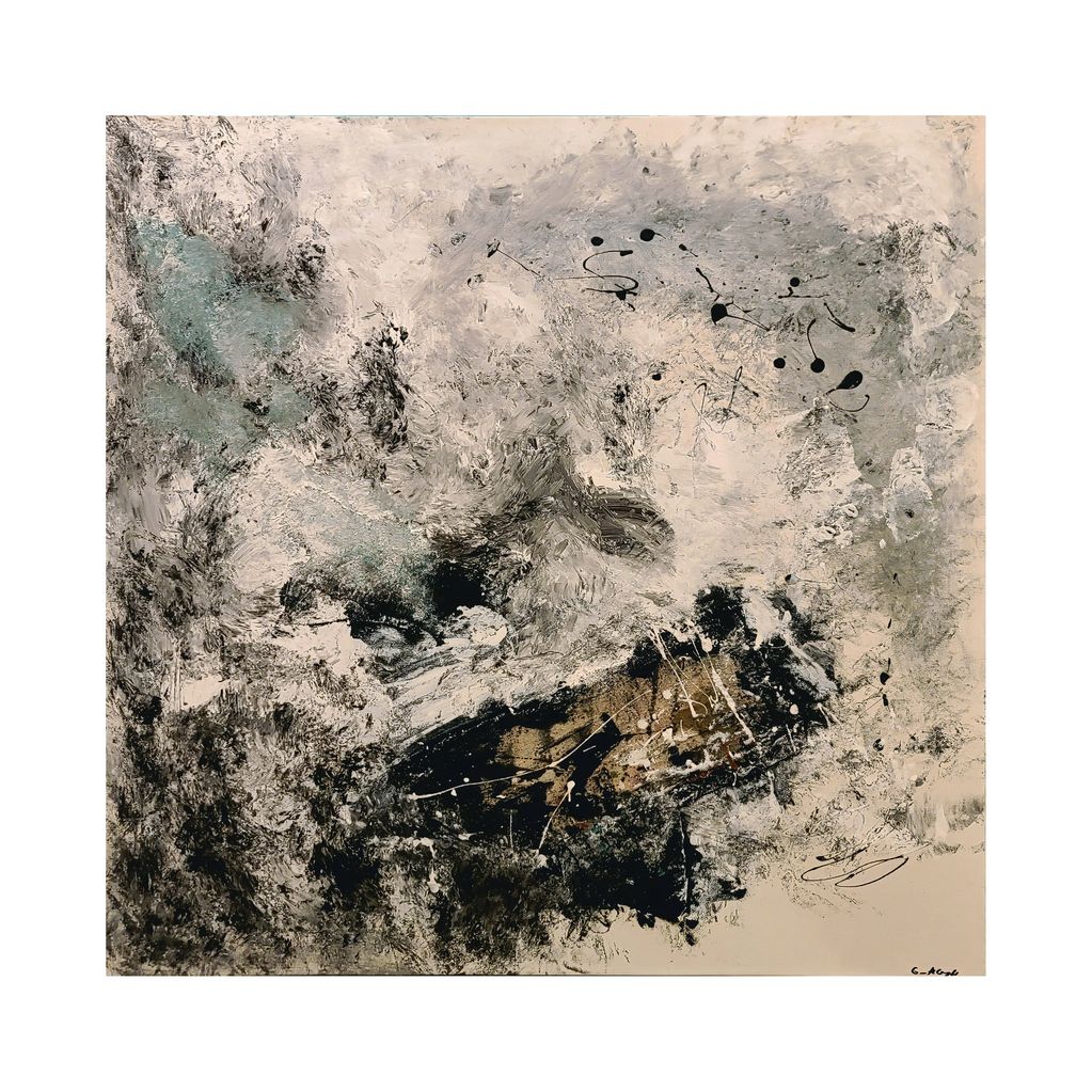 Abstract painting with textured shades of gray, black, and hints of blue and beige.