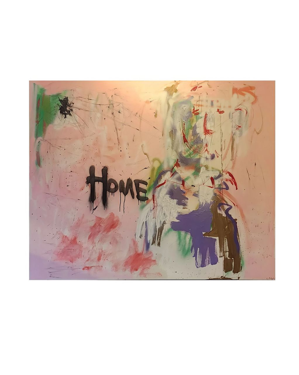 Abstract painting with the word 'HOME' in black on a pastel background.