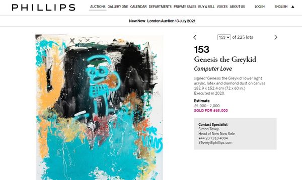 The auction of Genesis the Greykid's "computer love" painting that sold at Philips in London.