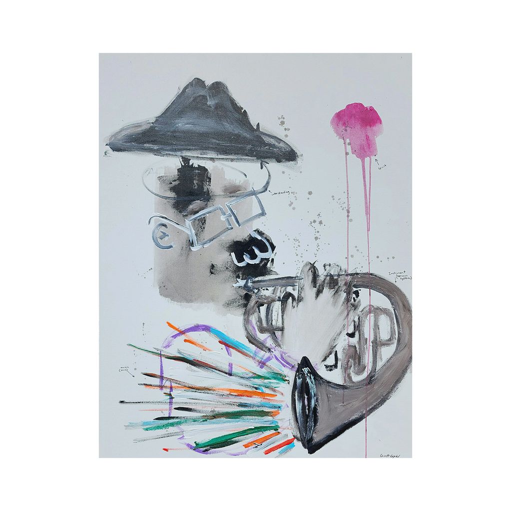 Abstract painting of a man playing a trumpet with colorful sound bursts.