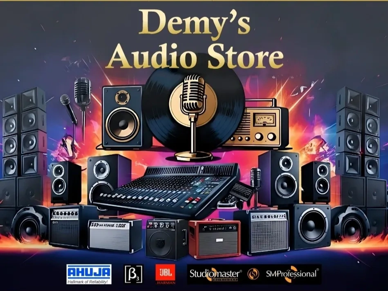 Demy's Audio Store showcasing various audio equipment.