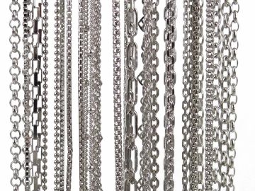 Various styles of silver chains arranged vertically on a white background.
