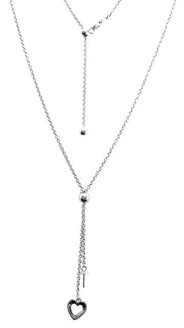 Delicate silver necklace with a heart pendant and a small cross charm.