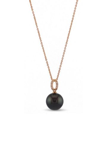 Elegant necklace with a black pearl pendant and a rose gold chain.