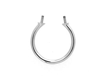 Silver metal ring clamp with two screws on a white background.