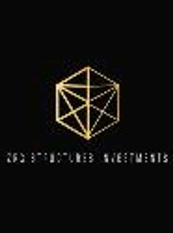 Golden geometric logo with text beneath on black background.