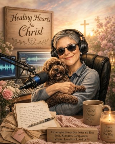 Woman with headphones hugs a dog in a cozy Christian podcast setup.