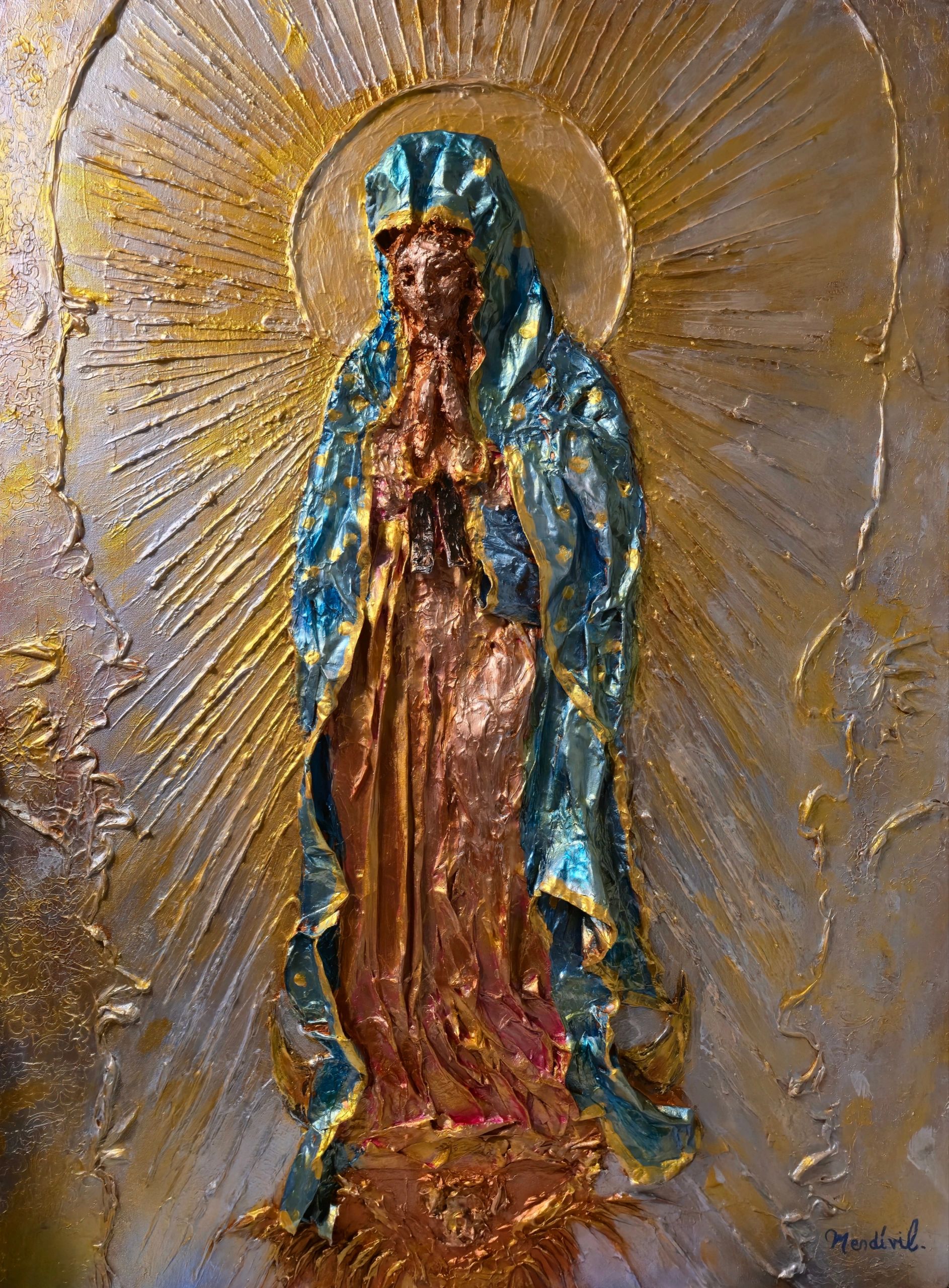 Textured painting of a cloaked figure with a golden halo and radiant background.