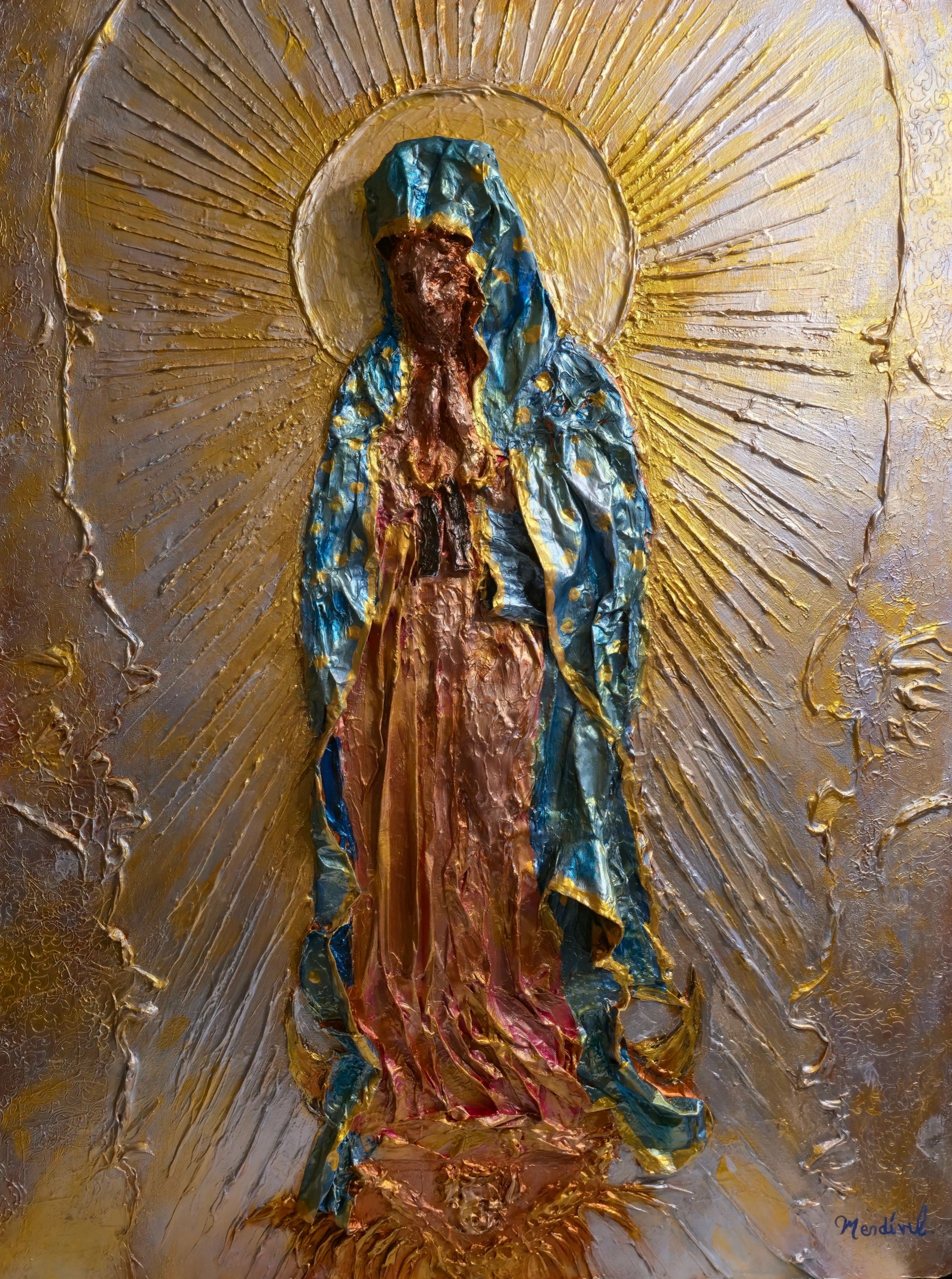 Textured painting of a robed figure with a radiant golden halo.