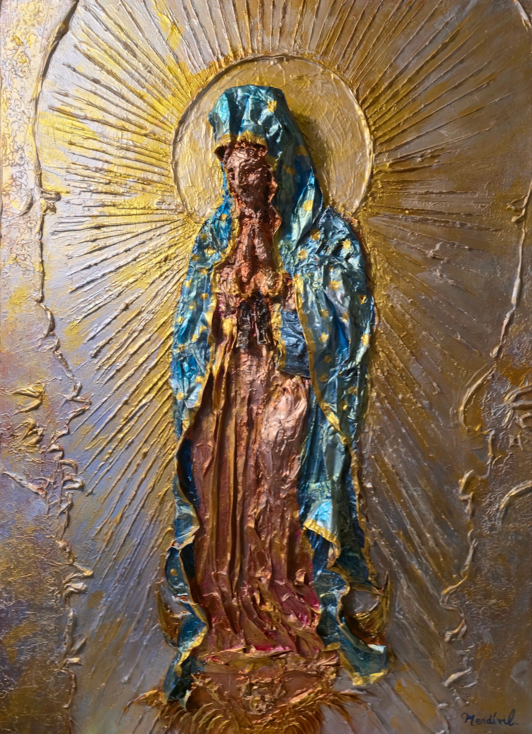 Textured religious painting of a praying figure with radiant halo.