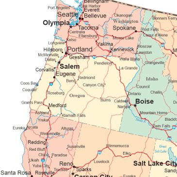 Map showing parts of Washington, Oregon, Idaho, and Utah.