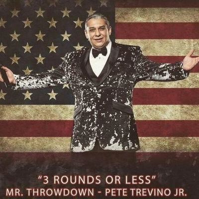 Man in sequined tuxedo posing in front of American flag for Mr. Throwdown.