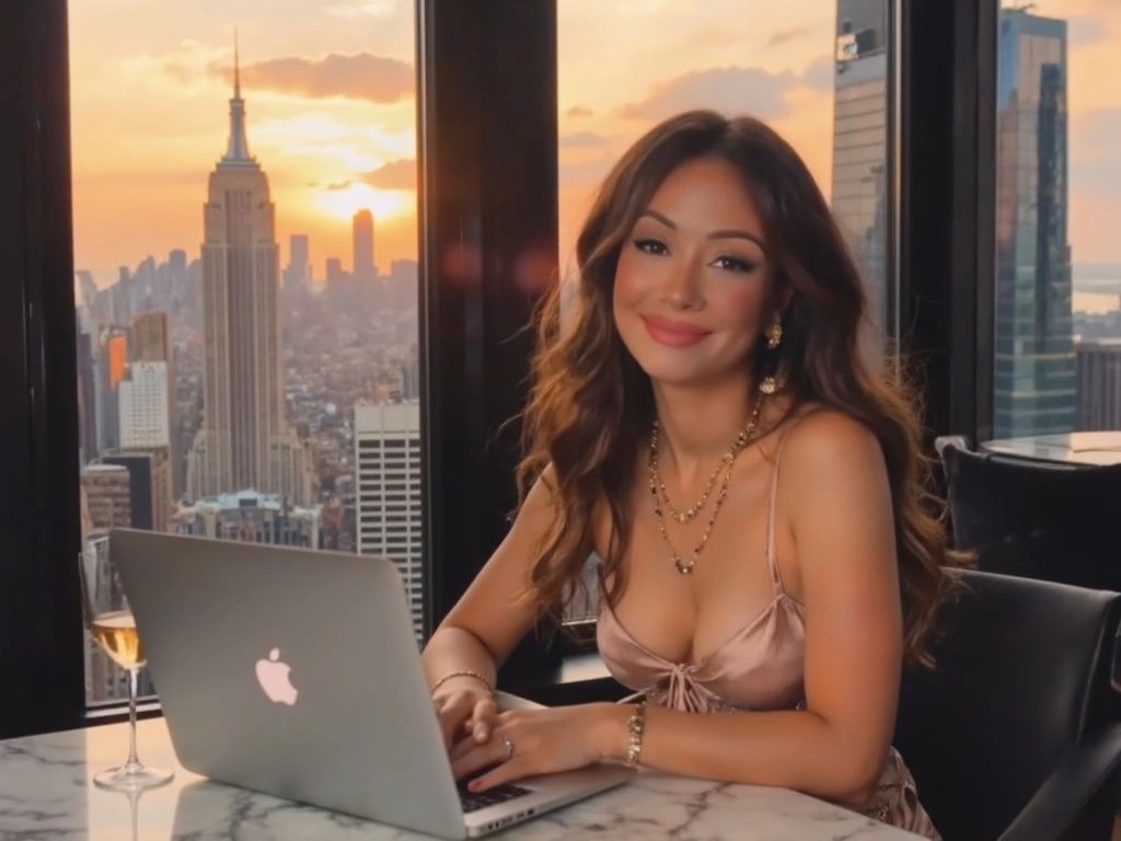 A woman smiles while working on a laptop with a city sunset view.
