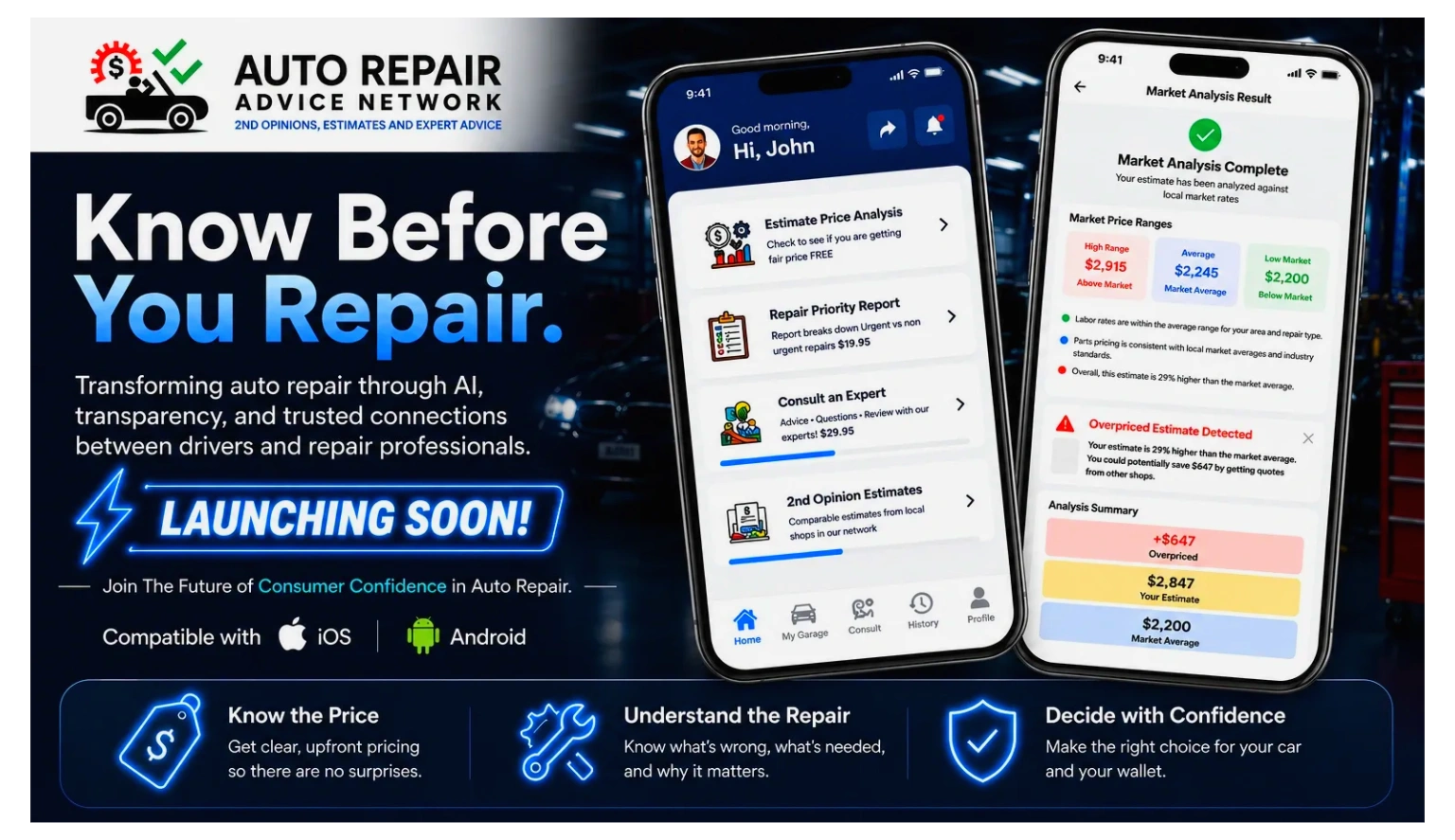 Auto Repair Advice Network app launching soon with AI-powered pricing and repair insights.