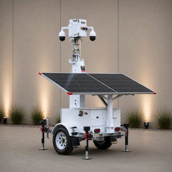 Mobile security trailer with solar panels and cameras.