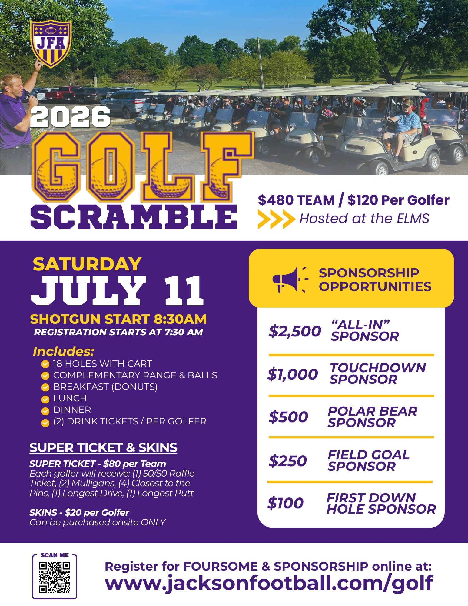 2026 Golf Scramble event on July 11 with team and sponsorship options.